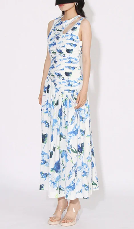 FLORAL PRINTED CUTOUT MAXI DRESS IN BLUE