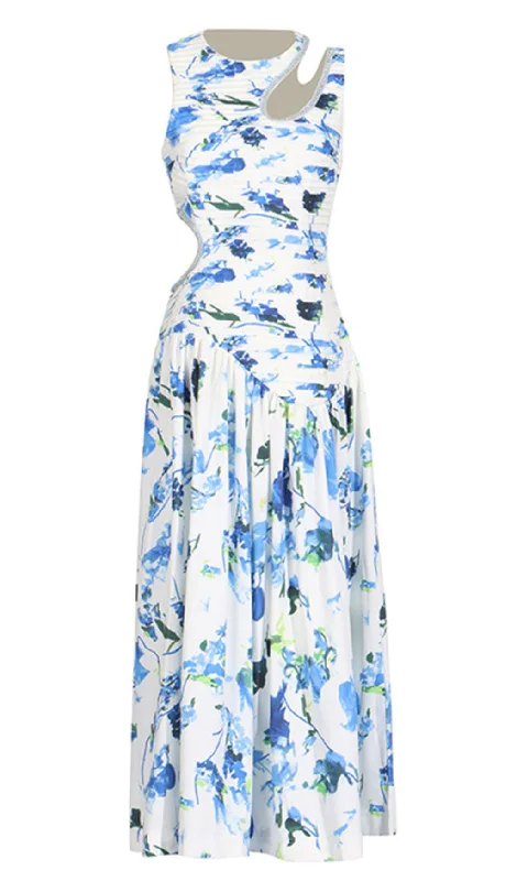 FLORAL PRINTED CUTOUT MAXI DRESS IN BLUE