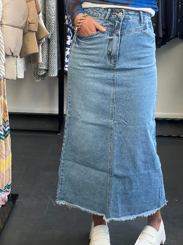 High Waist Vintage Wash Denim Maxi Skirt