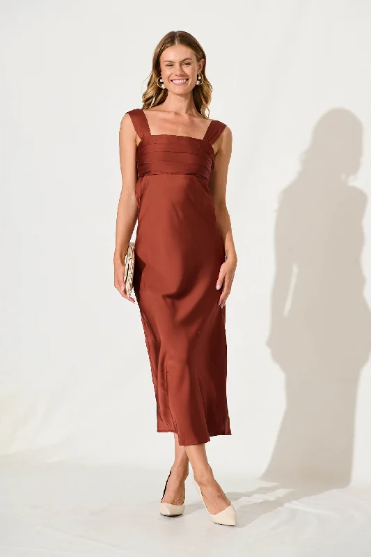 Inspired Maxi Dress In Rust Satin