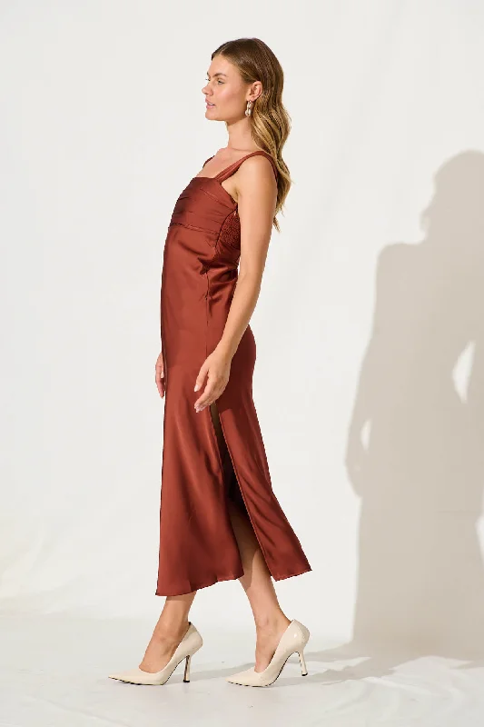 Inspired Maxi Dress In Rust Satin