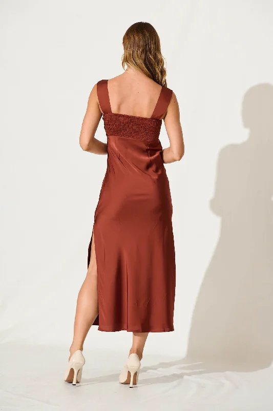 Inspired Maxi Dress In Rust Satin