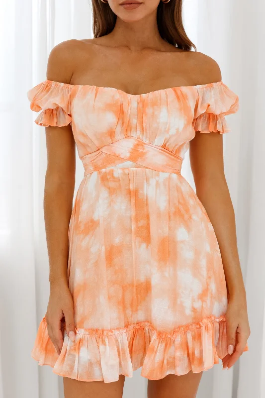 Linka Off-Shoulder Tie Back Dress Marbled Tie-Dye Orange