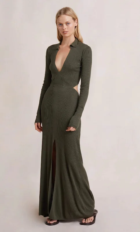 Mila Knit L/S Maxi Dress- Army