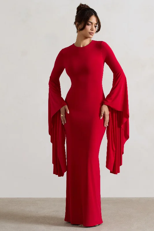 Modena | Red Waterfall Sleeve Maxi Dress