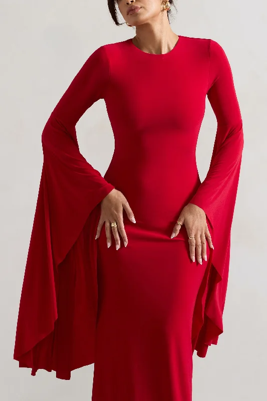 Modena | Red Waterfall Sleeve Maxi Dress