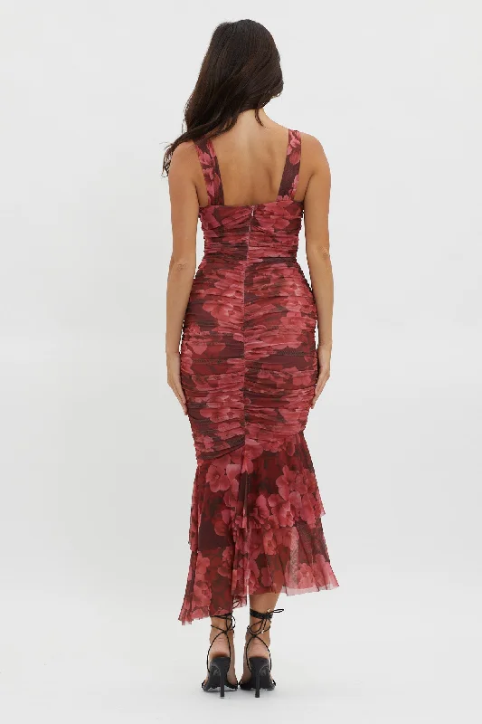 Nadia Ruched Fishtail Midi Dress Floral Wine