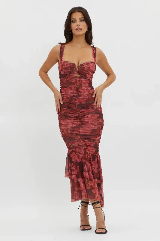 Nadia Ruched Fishtail Midi Dress Floral Wine