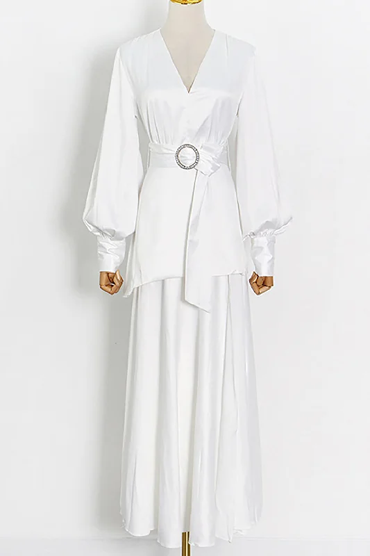 White Deep V Lantern Long Sleeve A-Line Dress