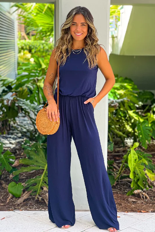 Navy Sleeveless Jumpsuit with Pockets