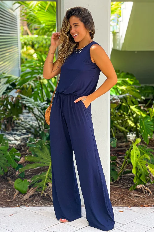 Navy Sleeveless Jumpsuit with Pockets