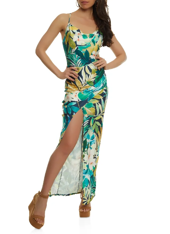 Tropical Print Satin Maxi Dress