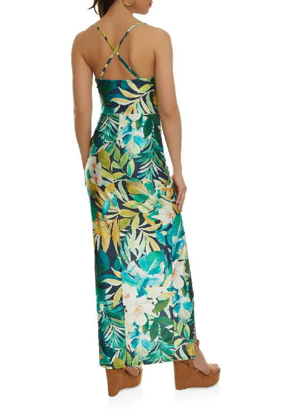 Tropical Print Satin Maxi Dress