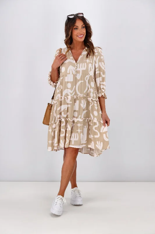 New U Collection Tara 3/4 Sleeve Dress Beige