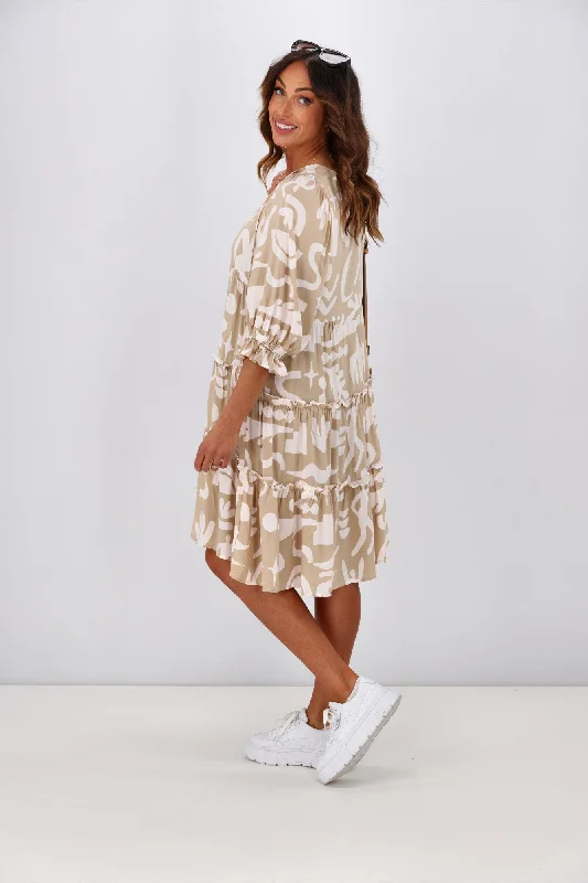 New U Collection Tara 3/4 Sleeve Dress Beige