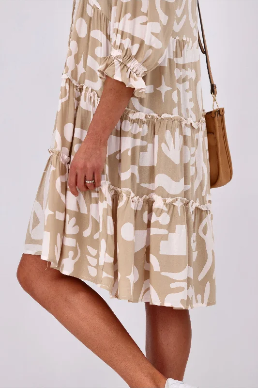 New U Collection Tara 3/4 Sleeve Dress Beige