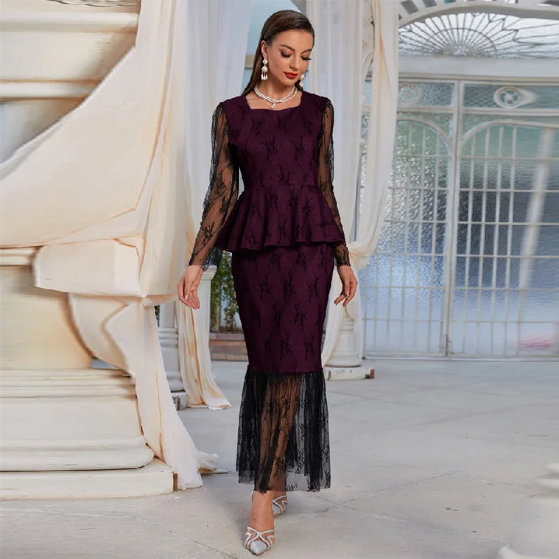 NiDELL YQ-21734 European and American Women's Clothing . Autumn and Winter New Fashion round Neck Stitching Gauzy Package Hip Fishtail Dress