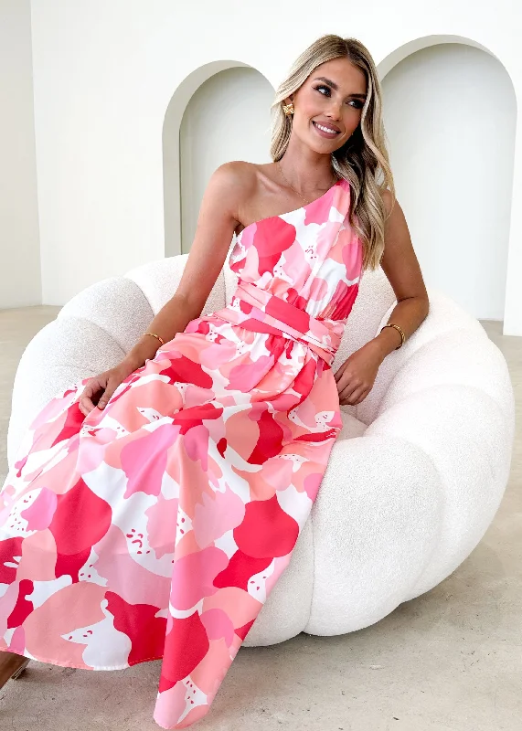 Oara One Shoulder Maxi Dress - Pink Floral