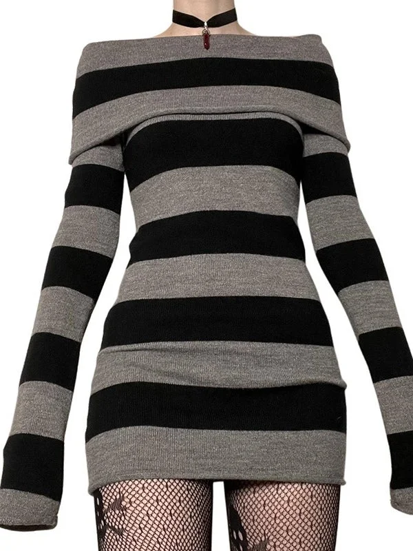 BerryBetty - Off Shoulder Long Sleeve Striped Knit Mini Dress