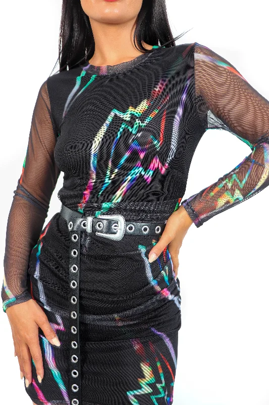 Out Of This World - Black Multi Lightning Mesh Mini Dress