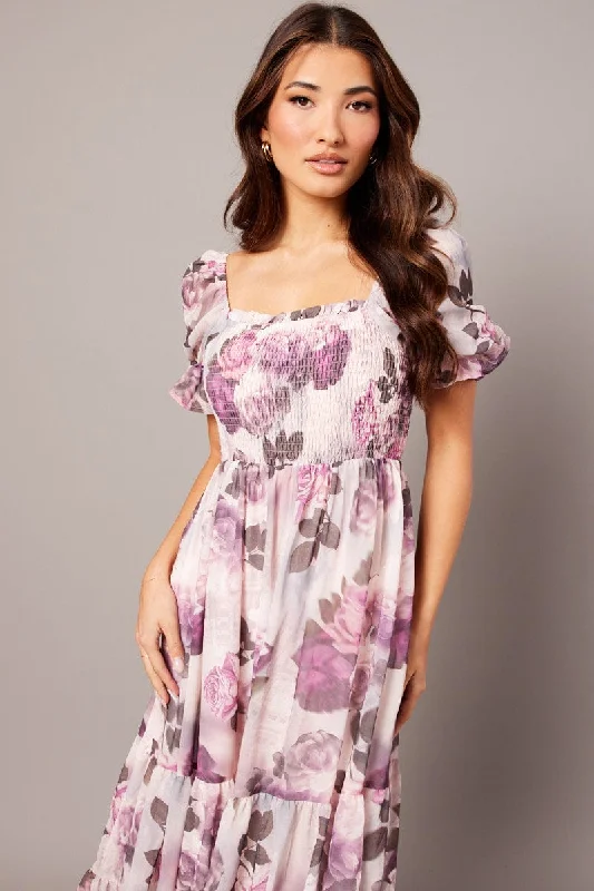 Pink Floral Maxi Dress Puff Sleeve