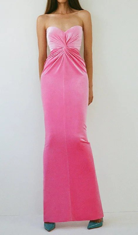 PINK VELCET STRAPLESS CROSS KNOT MAXI DRESS