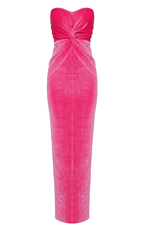 PINK VELCET STRAPLESS CROSS KNOT MAXI DRESS