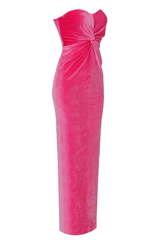 PINK VELCET STRAPLESS CROSS KNOT MAXI DRESS