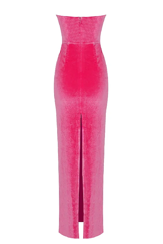 PINK VELCET STRAPLESS CROSS KNOT MAXI DRESS