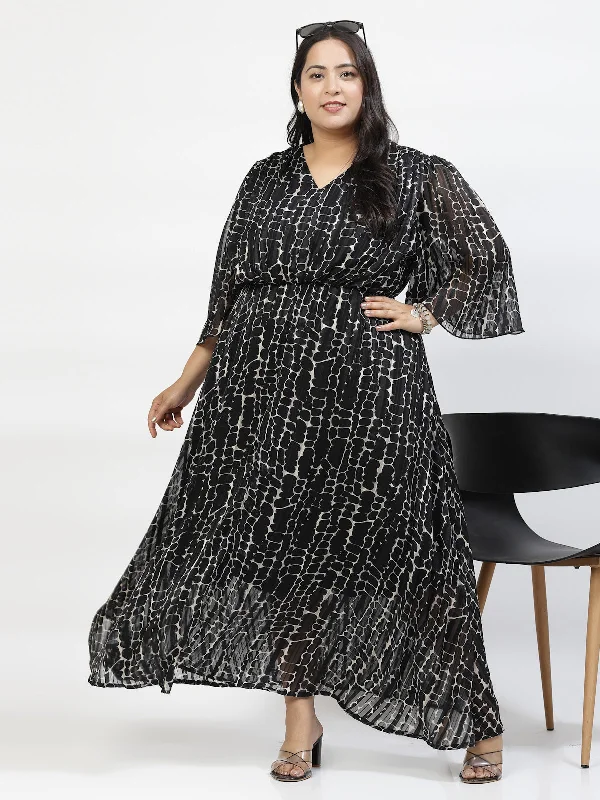 Plus Size Abstract Print Flared Sleeve Maxi Dress