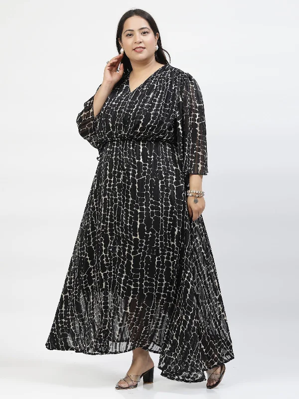 Plus Size Abstract Print Flared Sleeve Maxi Dress