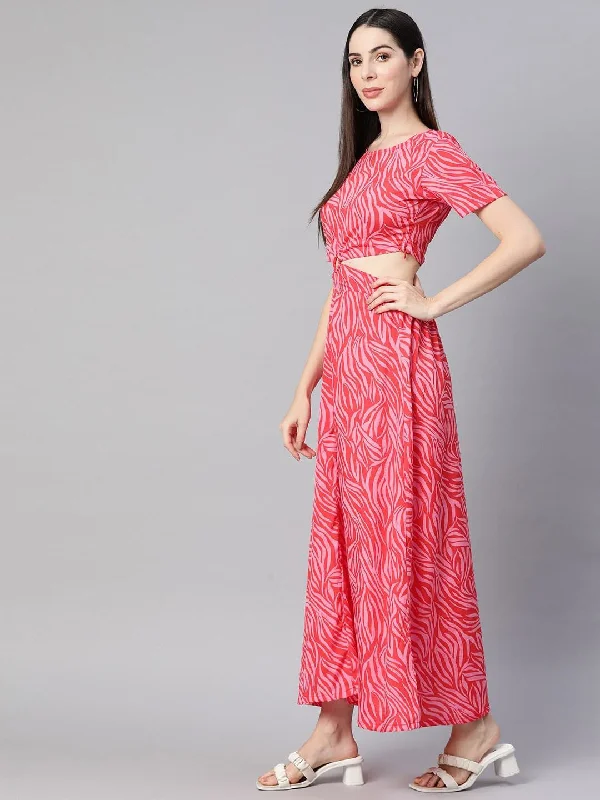 plusS Pink Printed Cut-Outs Maxi Dress