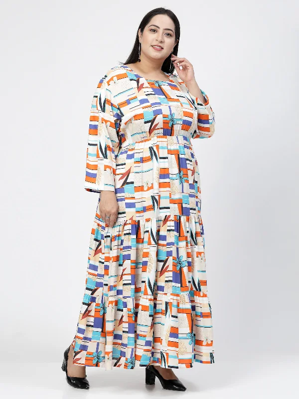 Round Neck Long Sleeves Geometric Print Maxi Plus Size Dress