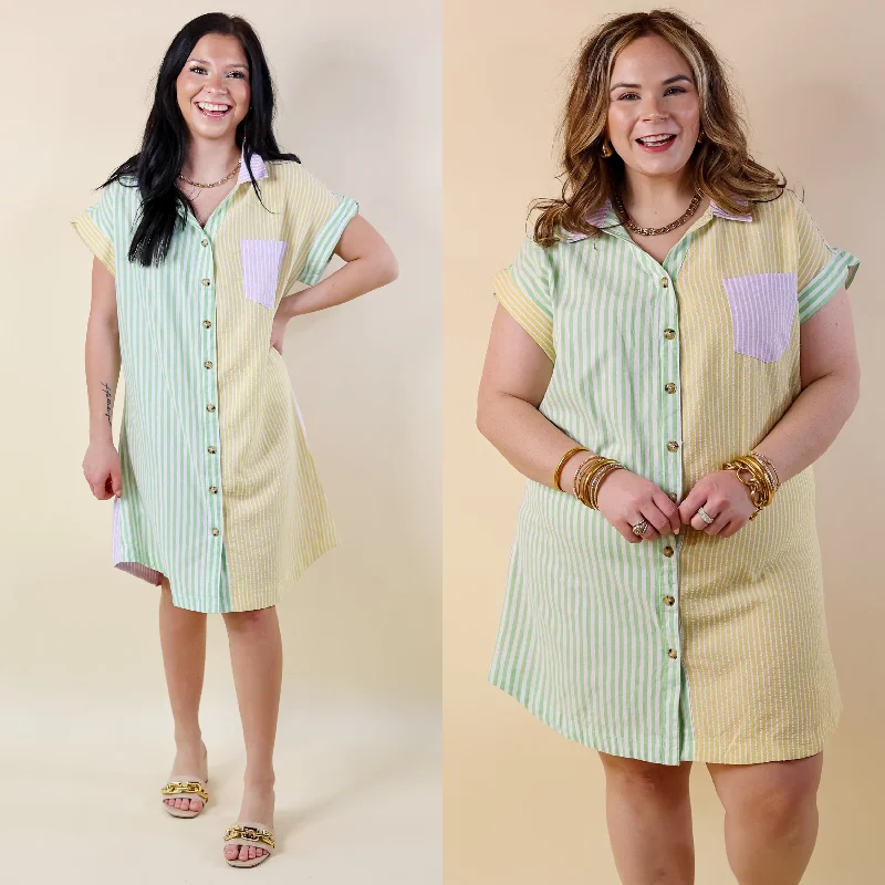 Seasonal Cruisin' Button Up Pinstripe Dress in Purple and Green