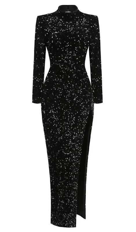 SEQUIN EMBELLISHMENTS SLIT MAXI DRESS