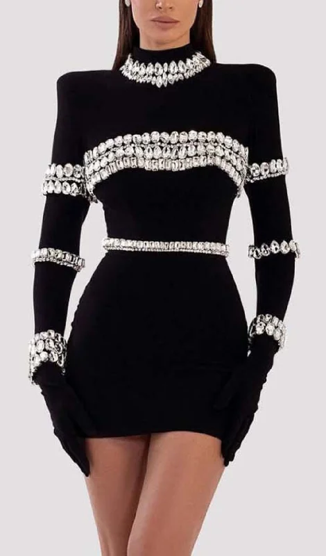 SILVER STONES LONG SLEEVE MINI DRESS IN BLACK