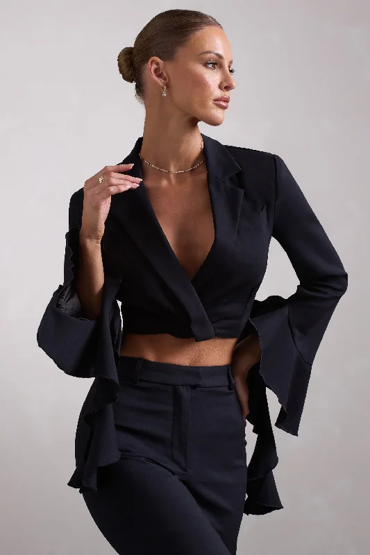 Sophie | Black Cotton-Blend Tailored Cropped Blazer With Ruffled Cuffs