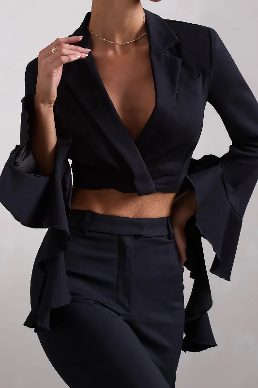 Sophie | Black Cotton-Blend Tailored Cropped Blazer With Ruffled Cuffs