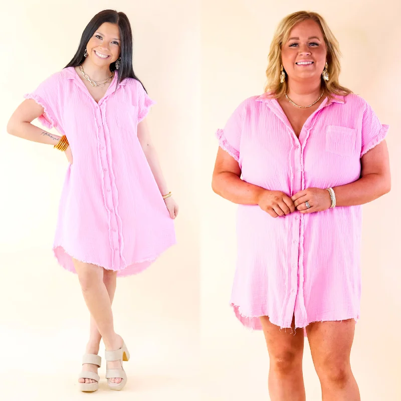 Spring Glow Button Up Raw Hem Dress in Pink