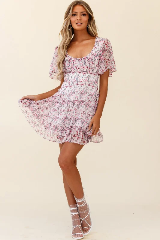 Stolen Moments Angel Sleeve Ruffle Dress Floral Print Pink Multi