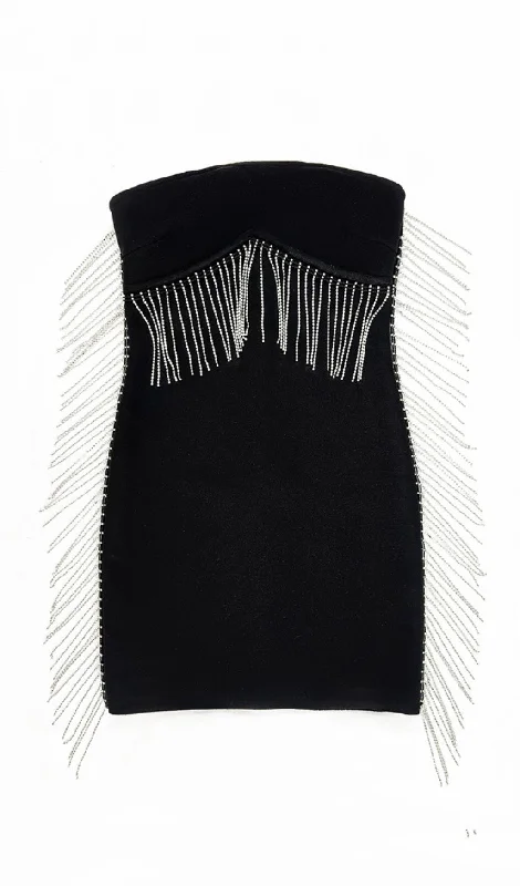 STRAPLESS FRINGE MINI DRESS IN BLACK