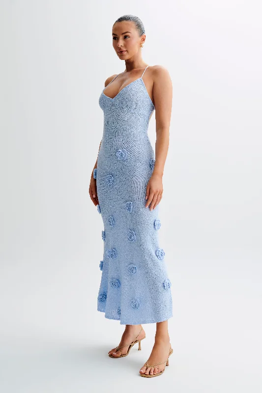 Suki Knit Maxi Dress With Flowers - Light Blue