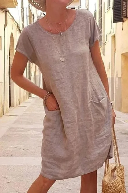 Summer Loose Solid Color Pocket Sleeve Round Neck Cotton Linen Dresses