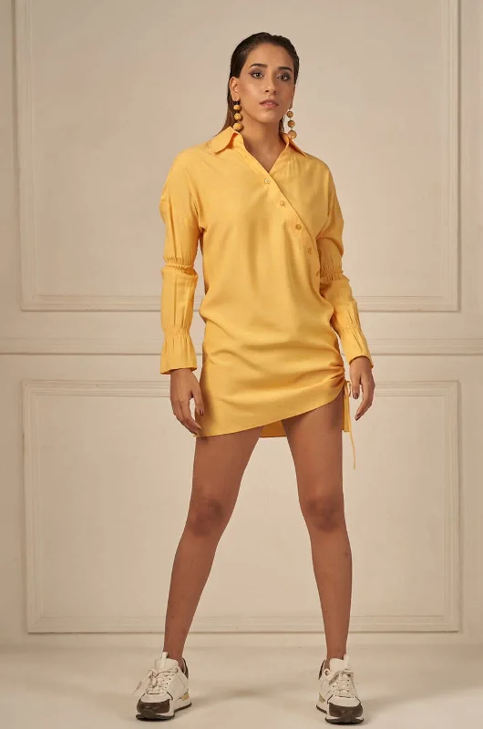 Summer somewhere yellow cotton asymmetric button ruched detail shirt dress