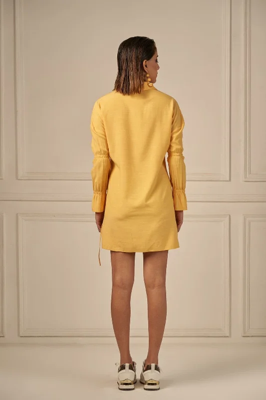 Summer somewhere yellow cotton asymmetric button ruched detail shirt dress