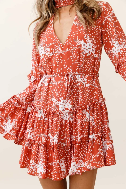 Tamina Long Sleeve Frill Trim Dress Floral Print Rust