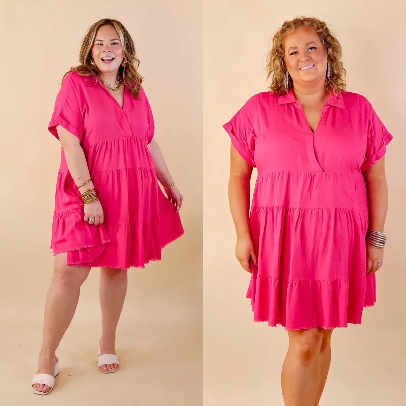 Taos Transitions Ruffle Tiered Collared Dress with Frayed Hem in Hot Pink