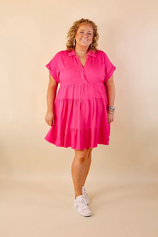 Taos Transitions Ruffle Tiered Collared Dress with Frayed Hem in Hot Pink