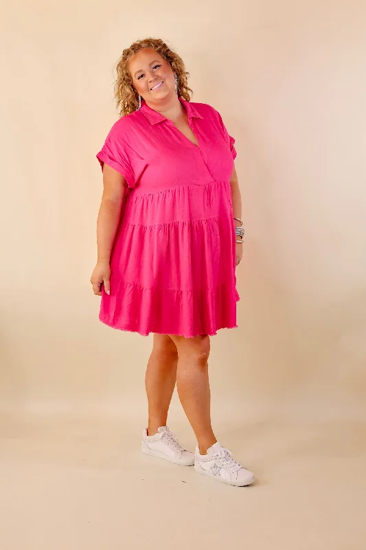 Taos Transitions Ruffle Tiered Collared Dress with Frayed Hem in Hot Pink