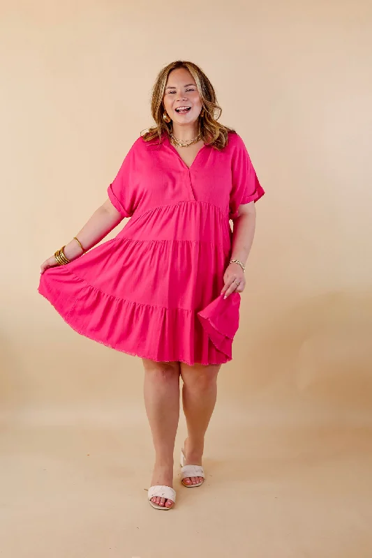 Taos Transitions Ruffle Tiered Collared Dress with Frayed Hem in Hot Pink